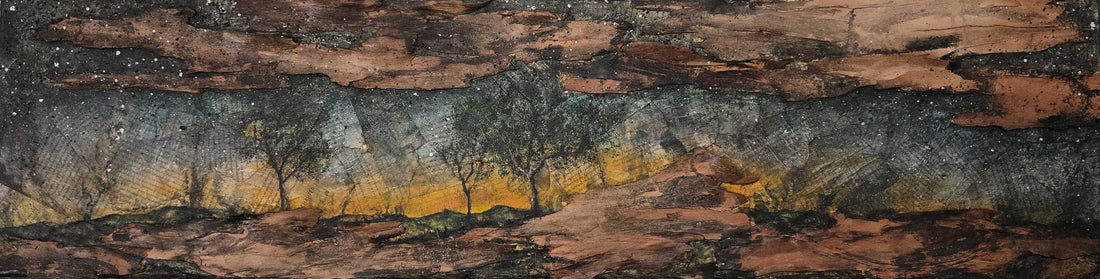 Artistic depiction of a landscape with trees and a sunset on a textured surface.